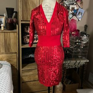 Red Sequin Stretch Eva Mendes Dress - Petite Medium